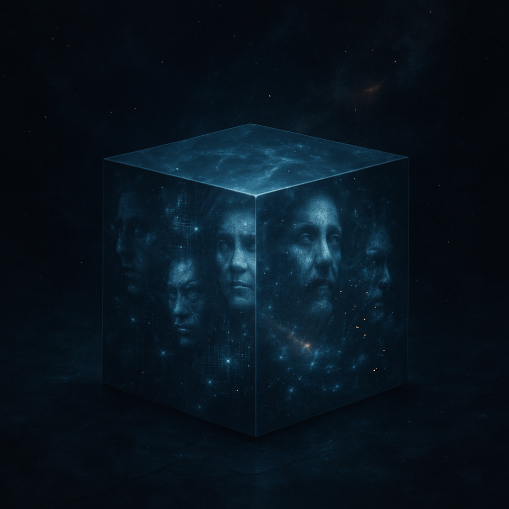 A dark, futuristic cube (the “box”) glowing faintly, with its surface acting like a mirror. In the reflection, you see fragmented human faces, data streams, and cosmic light patterns—suggesting infinity compressed into a container.
