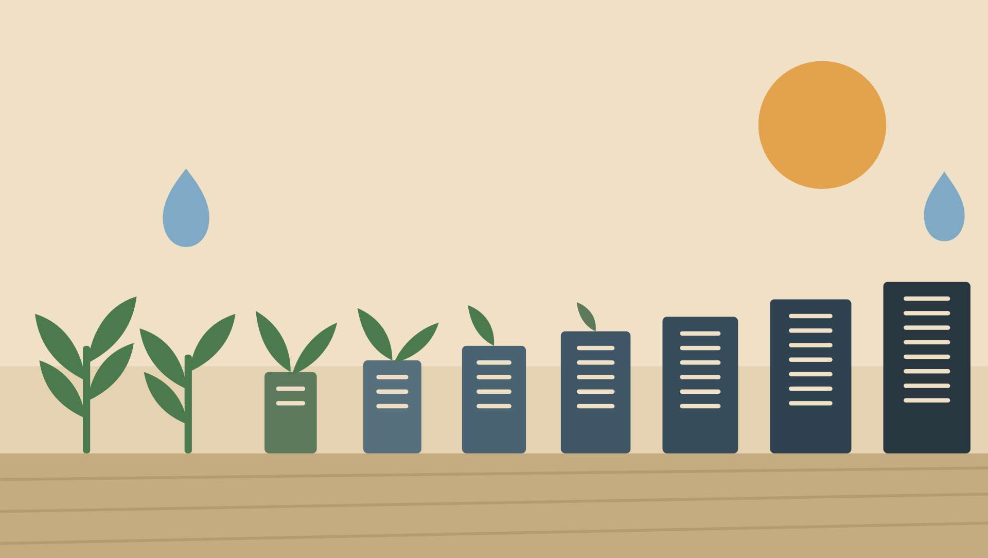 a planted row that starts as maize and ends as server racks, with the water droplets bracketing both ends since that is the resource both fights turn on. The warm palette keeps it editorial rather than dystopian, which suits a piece arguing that the resemb