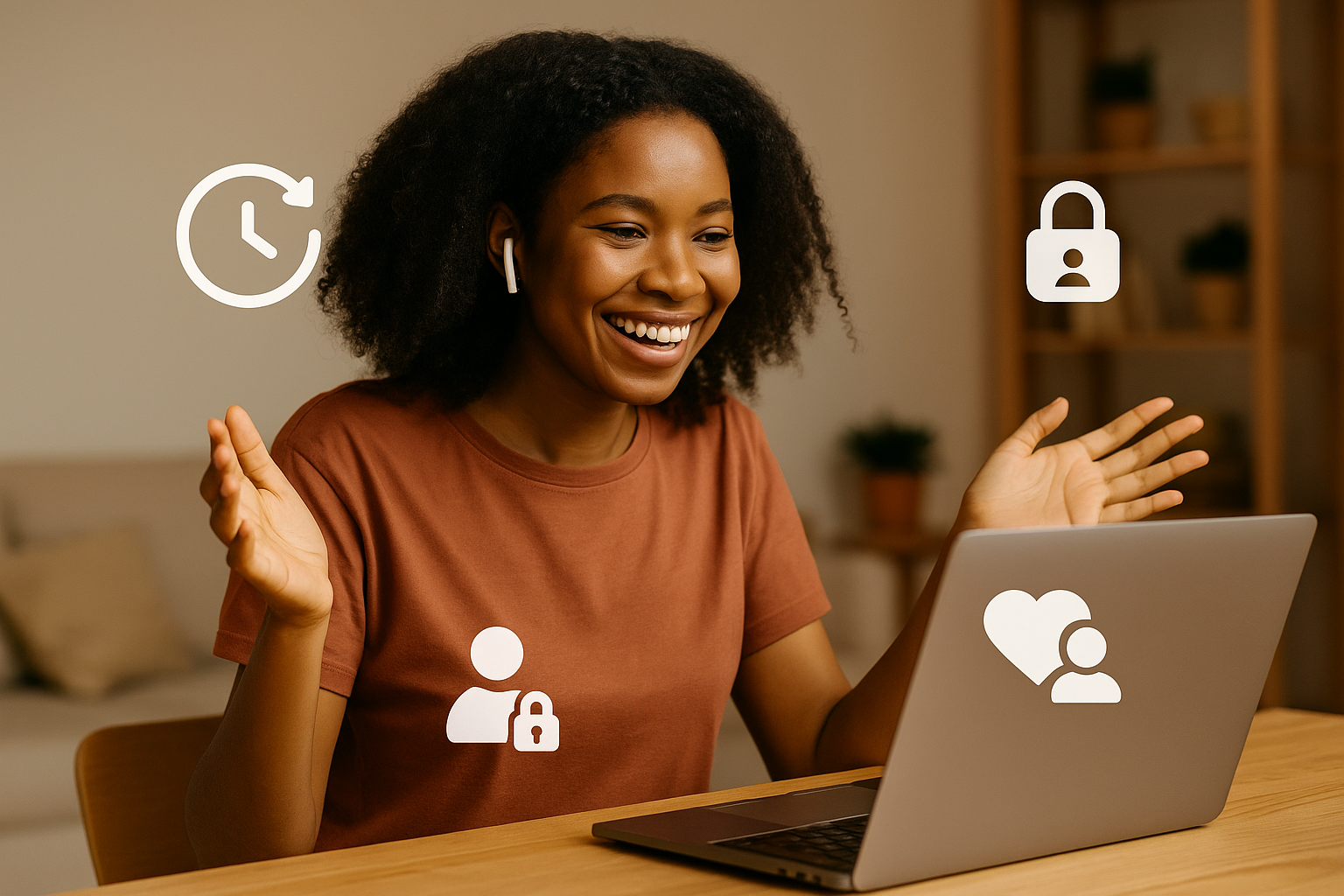 An African female creator or coach smiling while hosting a virtual session on her laptop, with subscription icons (e.g., recurring payment symbol, members-only lock, fan hearts) subtly floating near her. The environment should suggest trust, community,