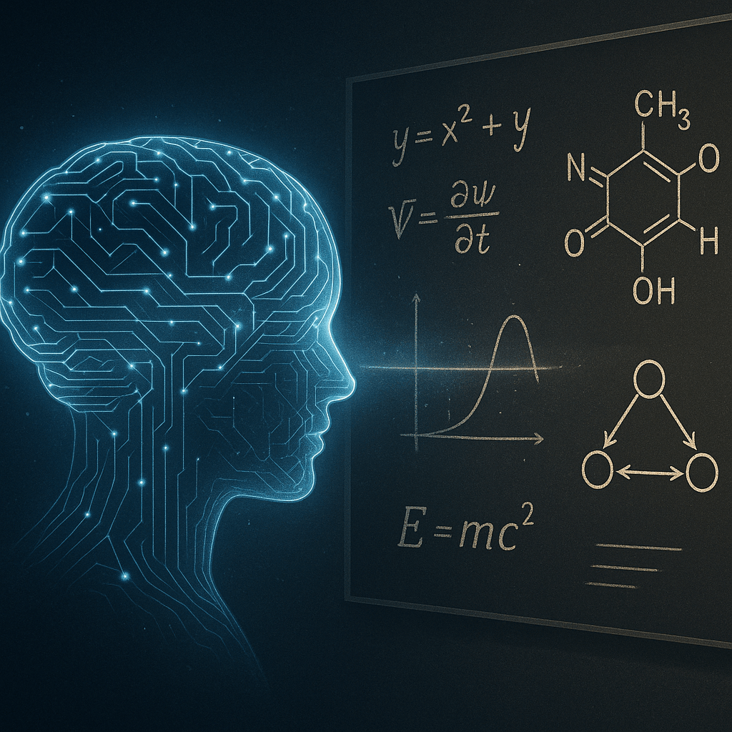Abstract visual of an AI brain made of luminous circuit lines, facing a blackboard filled with equations, molecular diagrams, and causal graphs. A faint light beam connects the digital brain to the chalkboard as if “thinking” through experimentation.