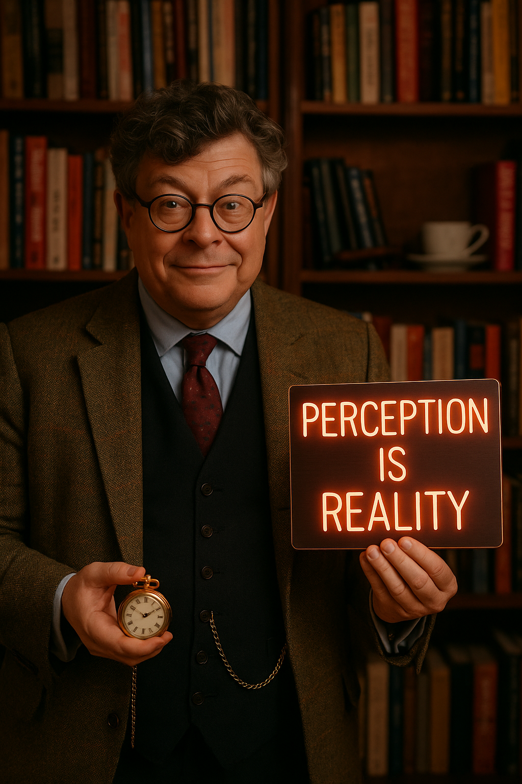 A sharply dressed middle-aged British gentleman with a waistcoat and round glasses, standing in front of a cluttered bookshelf filled with marketing books, cigars, and teacups. He holds a vintage pocket watch and a neon sign reading ‘Perception is Reality’