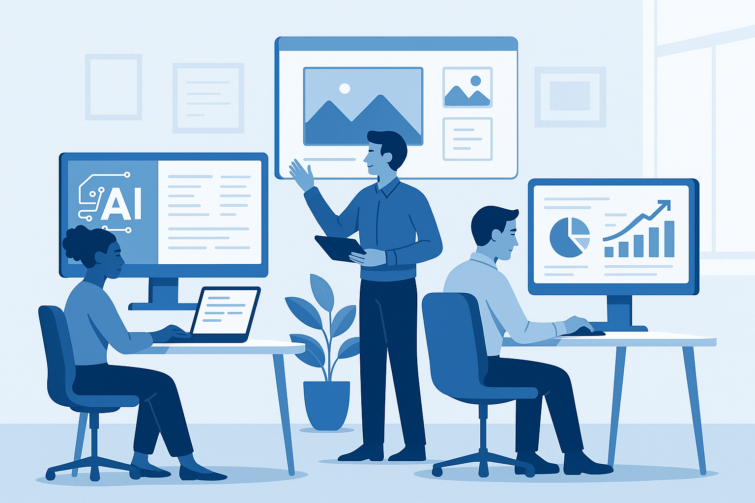A collaborative agency workspace where humans and AI work side by side: a strategist viewing a smart dashboard, a creative refining AI-generated visuals, and an analyst storytelling with data.