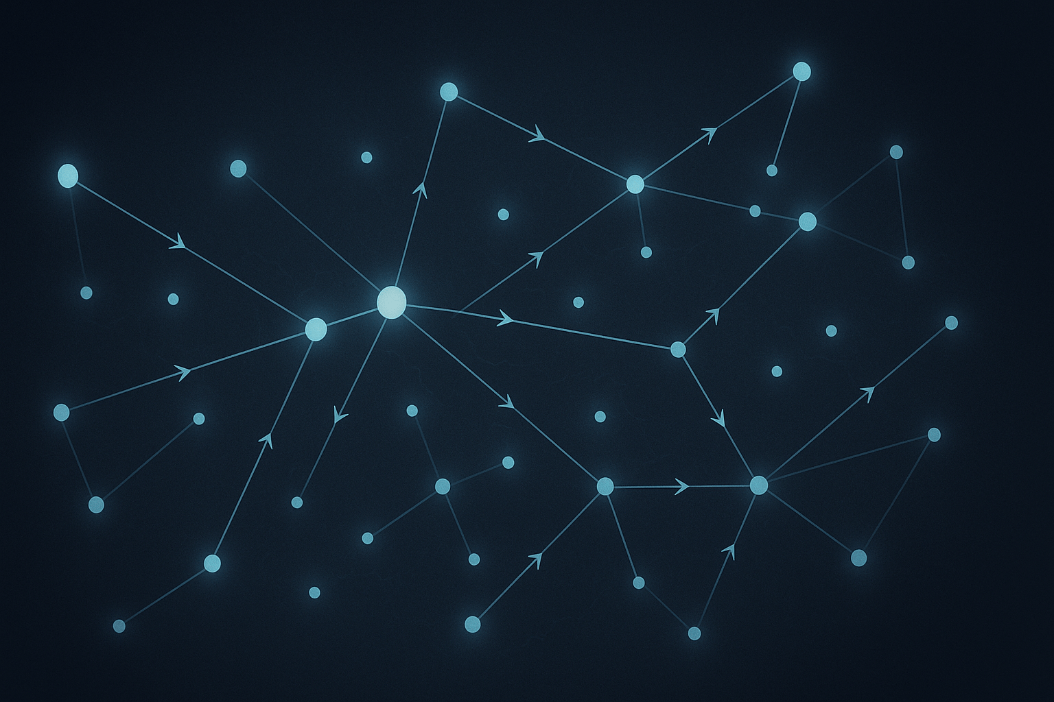 A minimalist conceptual illustration of spatial causal inference in product management: a glowing network map showing interconnected geographic nodes with directional arrows representing cause-and-effect flows. Background in deep graphite and indigo, with