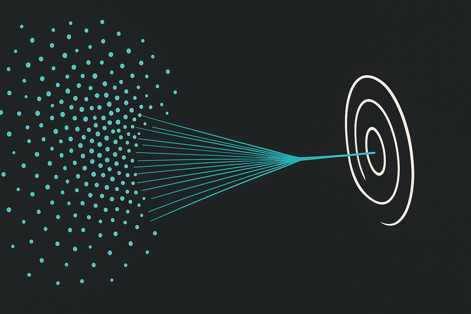 A minimalist conceptual illustration showing a large cloud of scattered data points gradually converging into a narrow beam aimed at a distorted target. The beam is sharp and orderly, but the target is misaligned—symbolising AI models converging confidentl
