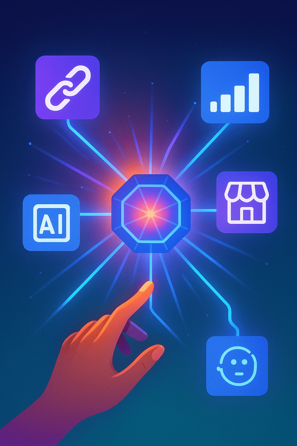 A vibrant, futuristic, digital illustration featuring a glowing, geometric hub at the center. Dynamic, light-blue and purple lines extend from the hub, connecting to a diverse array of floating icons representing bio-links, analytics charts, e-commerce