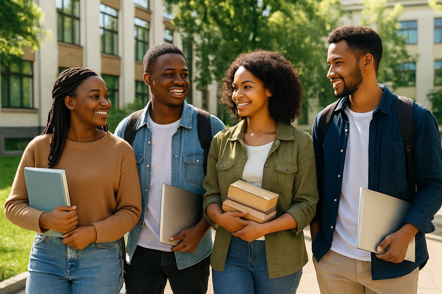 A diverse group of young postgraduate students (African men and women) walking on a university campus with books and laptops in hand, mid-conversation, dressed smart-casual. The background shows a leafy campus with modern academic buildings.