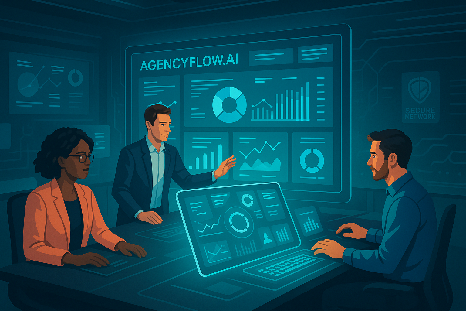 A futuristic marketing agency control room with holographic dashboards, diverse professionals (creatives, strategists, media buyers) collaborating across a glowing AI interface. The environment looks high-tech but human-centered.