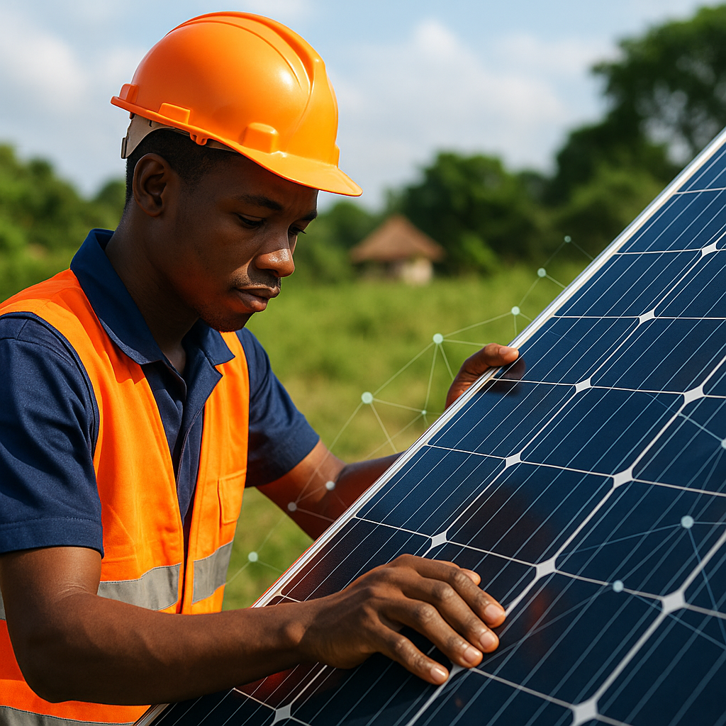 A young African technician installing a solar panel in a rural or peri-urban setting.