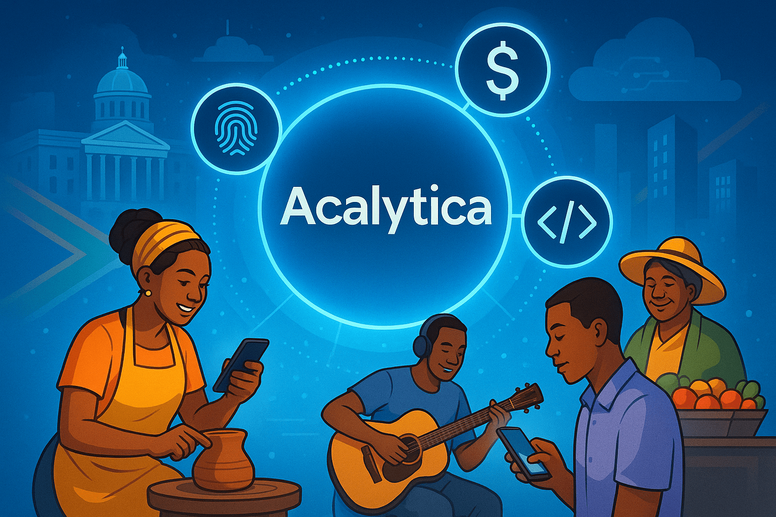 A professional digital illustration showing a vibrant digital ecosystem: a diverse group of entrepreneurs and creators (e.g., artisan, musician, street vendor) interacting with mobile devices connected to a glowing central platform labeled “Acalytica.”
