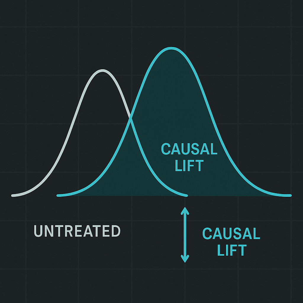 A minimalist black-and-cyan illustration showing two overlapping probability curves — one labeled “treated,” the other “untreated” — with the small difference between them highlighted as “causal lift.” Background in deep graphite, accented with faint grid