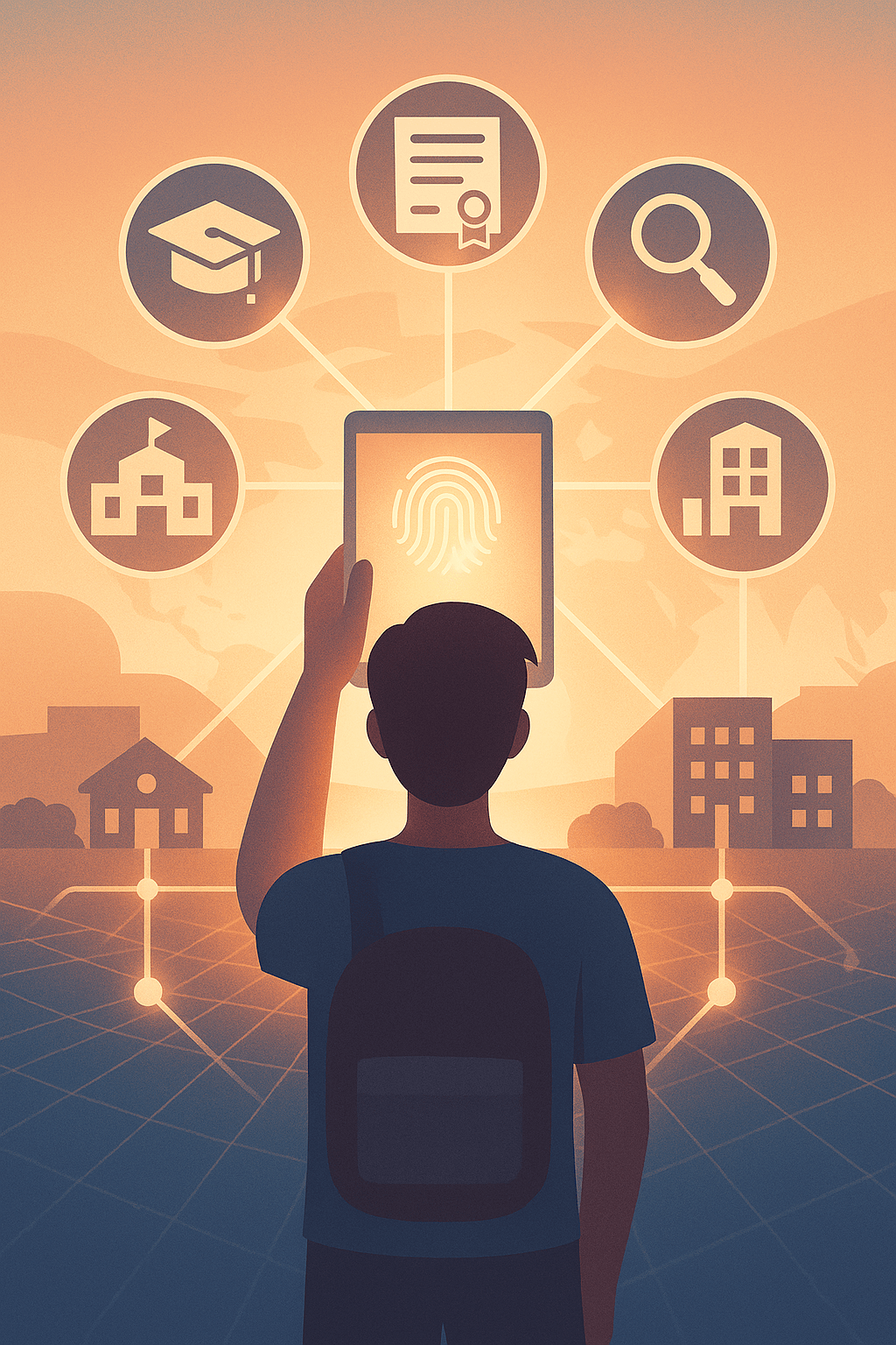 A digital illustration with uplifting, educational energy. A student (gender-neutral or diverse group) stands in front of a glowing tablet or screen showing interconnected icons: a graduation cap, a certificate, a fingerprint (ID), and a magnifying glass