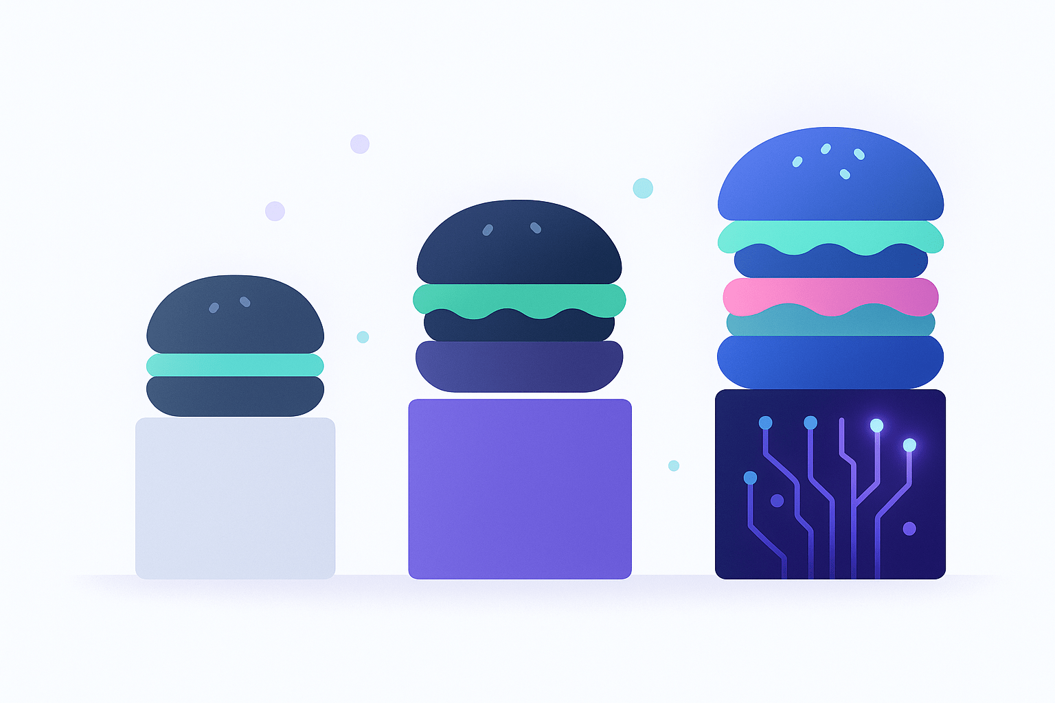 Style: Minimalist, modern, slightly playful (to match the Feynman angle).  Visuals:  Three abstract “sandwiches” or “blocks” lined up side by side — one small and free-looking, one medium with balanced portions, one stacked tall and glowing.  Each sandwich