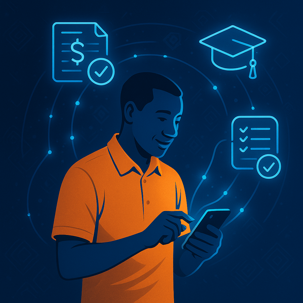 A vibrant digital illustration showing a central supplier character using a mobile device, with embedded services (finance, storefront, training, compliance) radiating from the phone as icons: a loan document, shopping cart, graduation cap, and checklist.